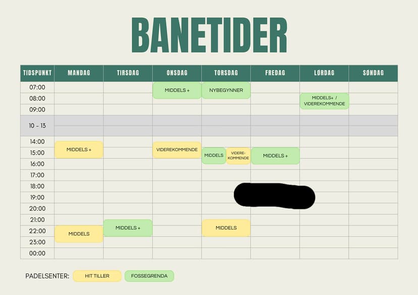 Padel timeplan - fargekodet oversikt over treningsøkter